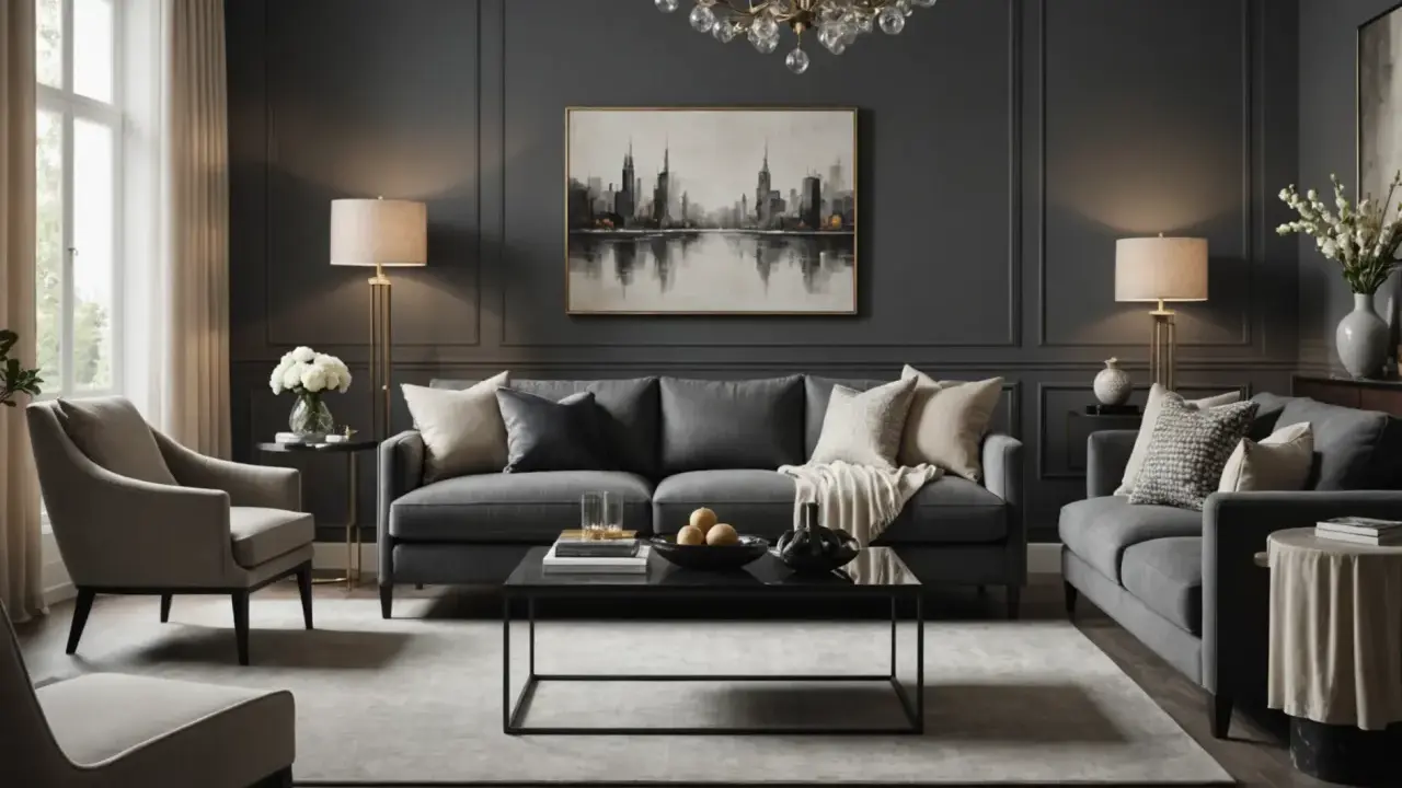 Salon moderne aux tons gris anthracite et beige, avec canapé, fauteuils, table basse et tableau de ville.