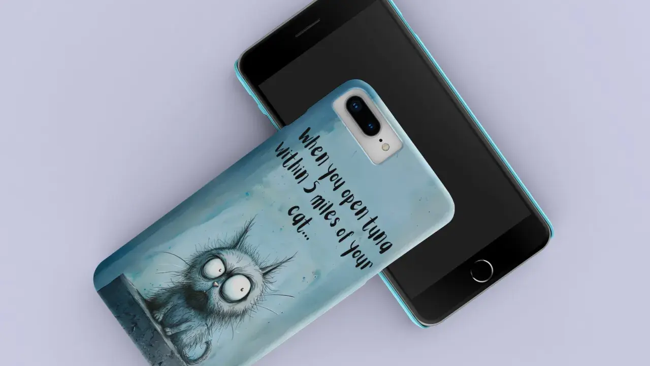 Śmieszne etui na telefon z kotem, który reaguje na zapach tuńczyka.
