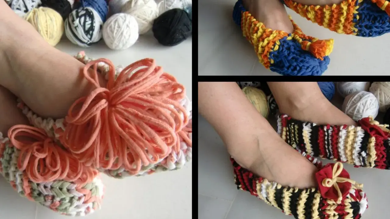 Patrón zapatillas trapillo: zapatillas tejidas a mano con trapillo de colores, con pompones y lazos.