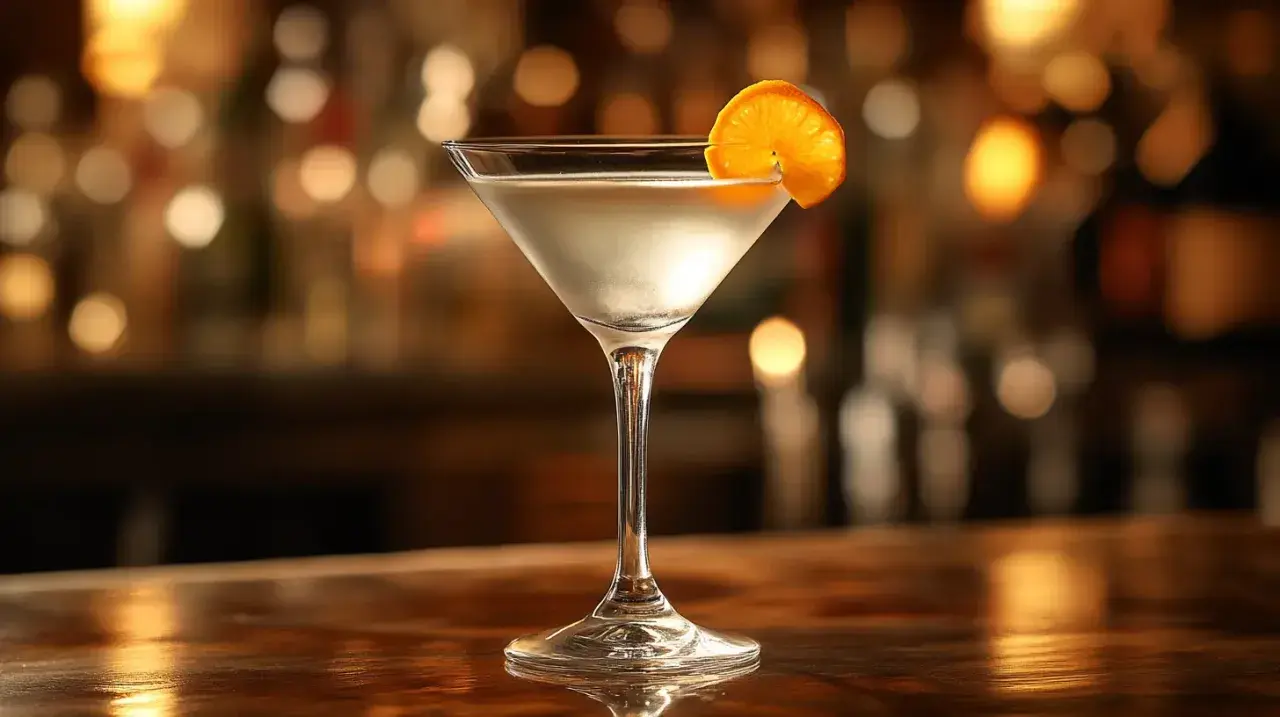 Elegancki martini, idealny james bond drink, z plasterkiem pomarańczy na krawędzi kieliszka, na tle rozmytego baru.