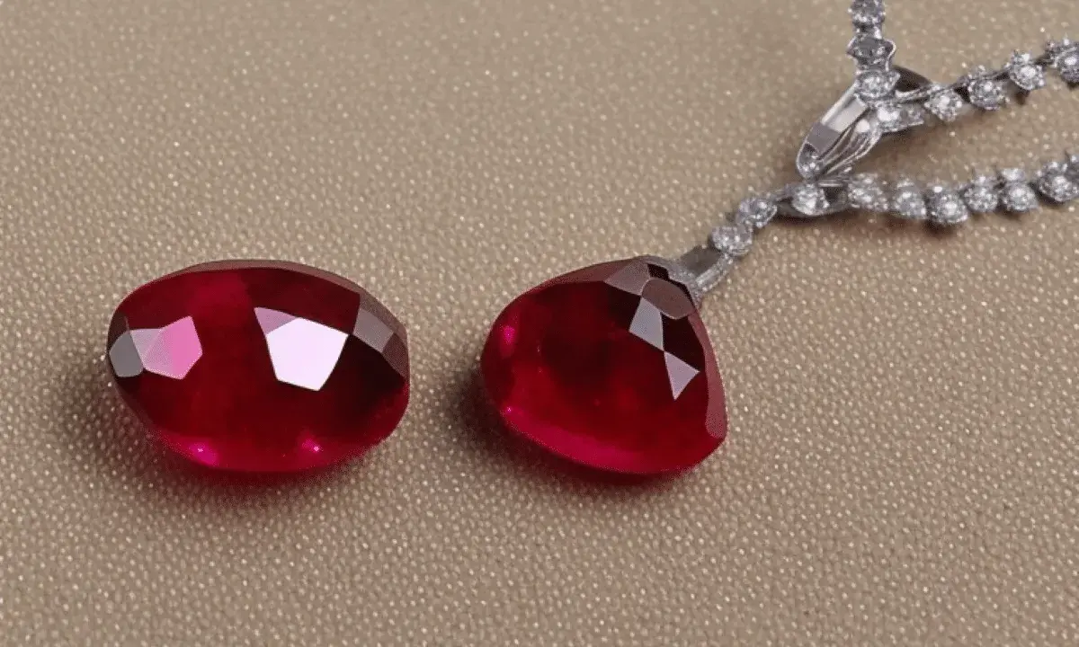 Due magnifiche pietre rosse, tagliate a goccia e ovali, brillano accanto a una collana di diamanti scintillanti.