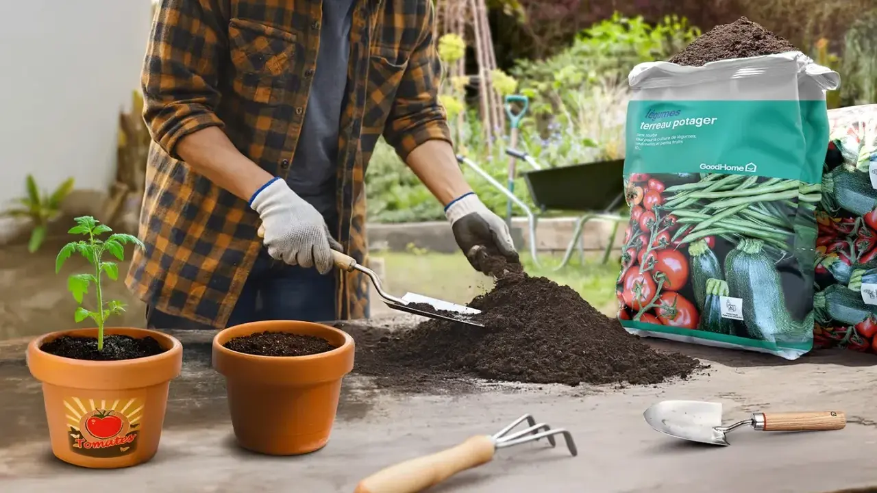 Un jardinier prépare un terreau potager, idéal pour les légumes, avec une jeune pousse de tomate.