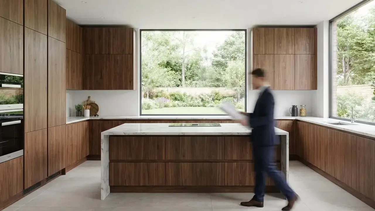 Cuisine en U de petite surface, 5m2, avec îlot central et grandes fenêtres offrant une vue sur le jardin. Meubles en bois de noyer.