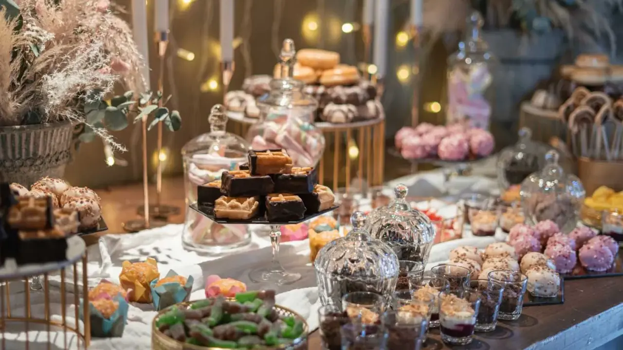 Mesa dulce con variedad de postres, incluyendo un candy bar rústico con chocolates y galletas.
