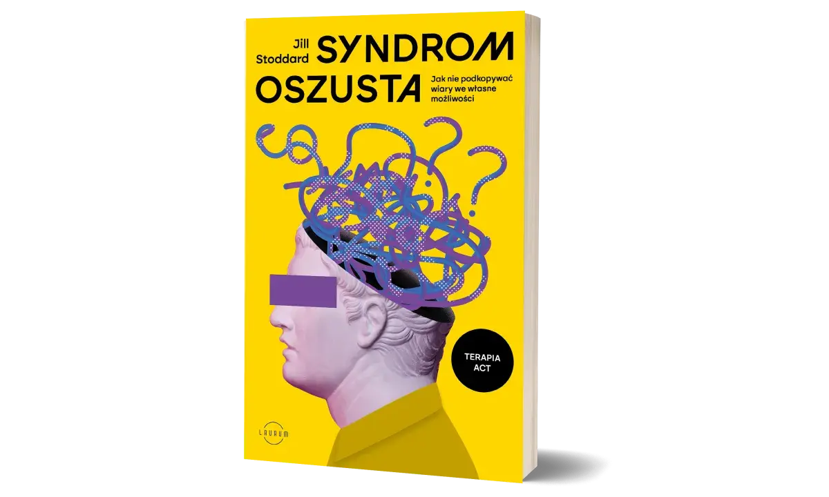 Okładka książki "Syndrom oszusta" Jill Stoddard. Stylizowana głowa z plątaniną myśli i znaków zapytania symbolizuje wewnętrzne wątpliwości.