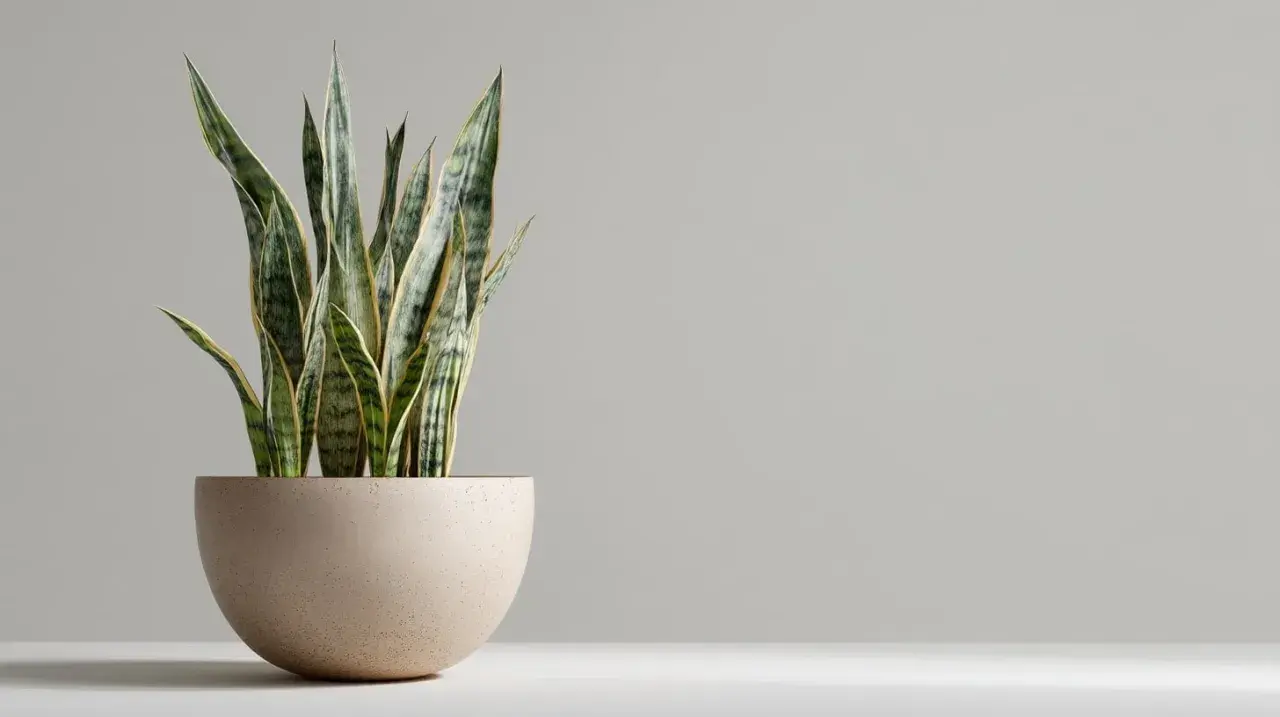 Planta lengua de suegra en maceta beige. Sus hojas verdes y amarillas apuntan hacia arriba, perfectas para interiores.