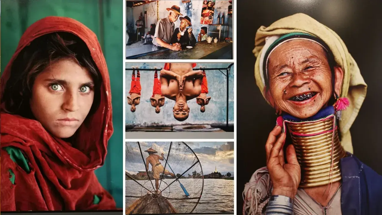 Opera d'arte di Steve McCurry: ritratto di bambina afghana, monaci in posa, pescatore e donna con anelli al collo.