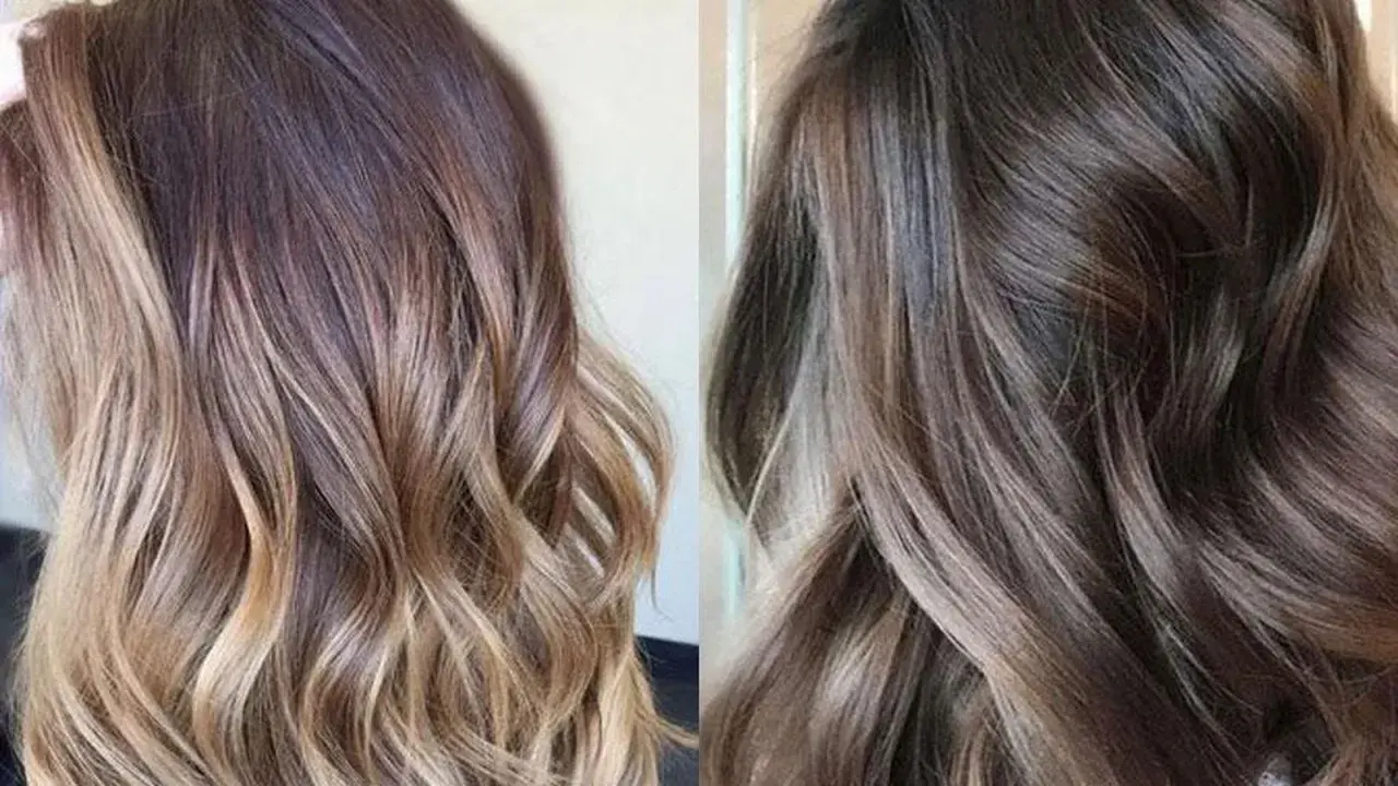 Dos estilos de cabello con mechas difuminadas: uno con tonos rubios y castaños, el otro más oscuro con reflejos grises.