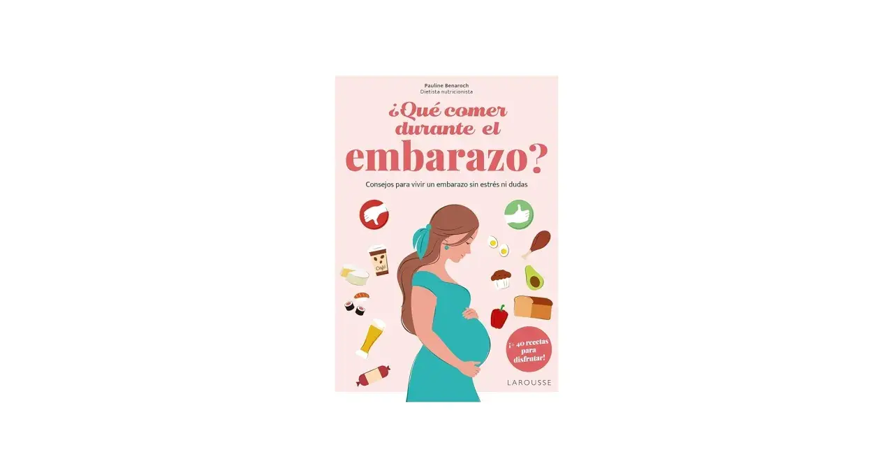 Portada de libro "¿Qué comer durante el embarazo?". Ilustra una mujer embarazada rodeada de alimentos, con consejos para una gestación sin dudas.