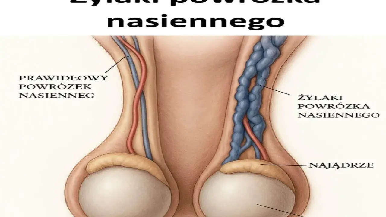 Ilustracja porównuje prawidłowy powrózek nasienny z żylakami powrózka nasiennego. Tak, czy z żylakami powrózka nasiennego można żyć, choć mogą wpływać na płodność.