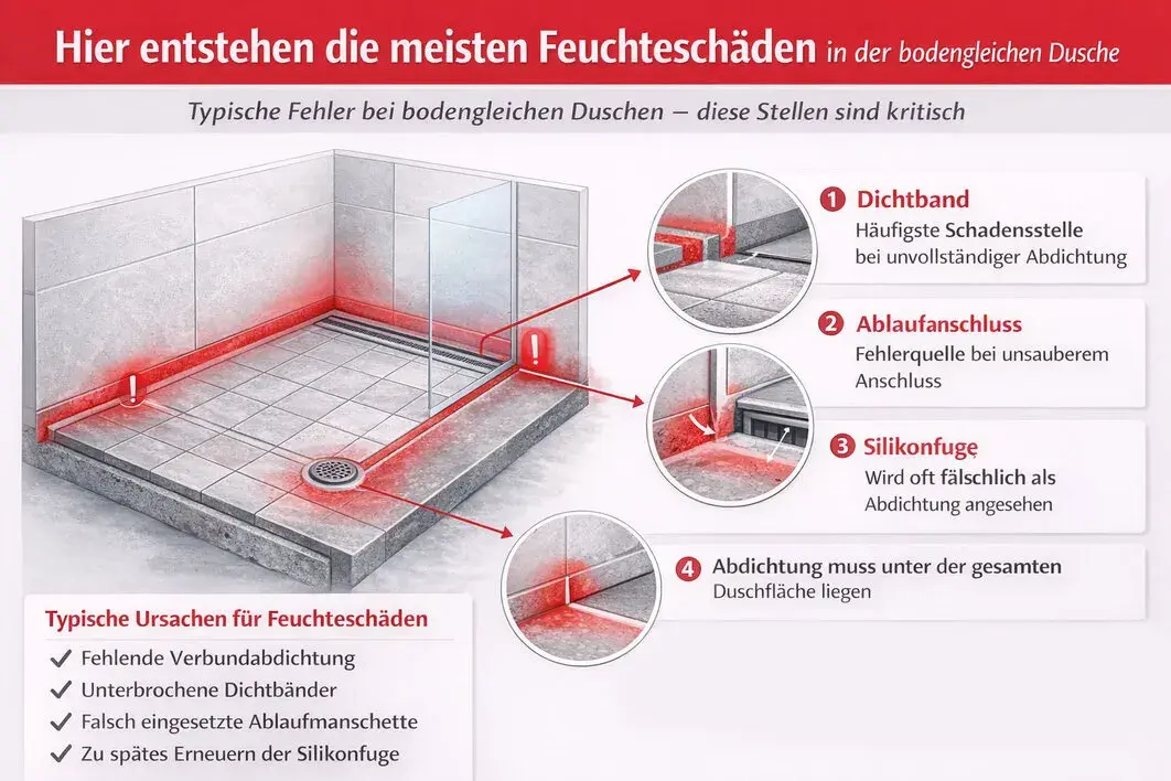 Feuchteschäden in der bodengleichen Dusche entstehen oft an Dichtbändern, Ablaufanschlüssen und Silikonfugen. Die Grafik zeigt kritische Stellen.