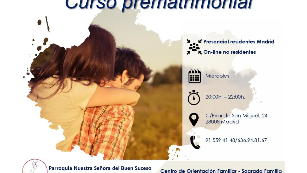Pareja abrazada, anuncio de curso prematrimonial en Madrid. Miércoles de 20h a 22h.