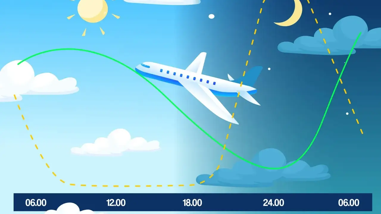 Flygplan korsar tidszoner, vilket illustrerar jetlag från USA till Sverige med grafer för melatonin och kortisol.