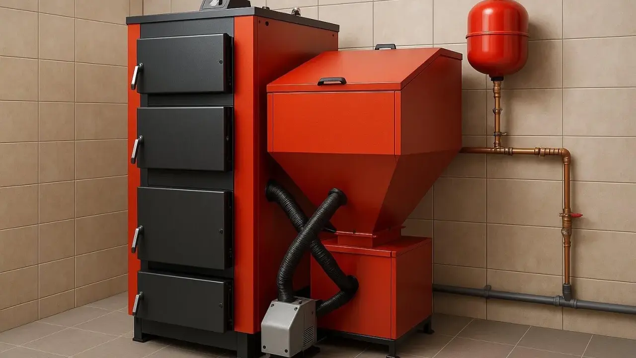 Nowoczesny piec na ekogroszek w kolorze czerwono-czarnym. Widoczne zasobnik paliwa, sterownik i elementy instalacji. Idealny do ustawienia pieca na ekogroszek tryb letni.