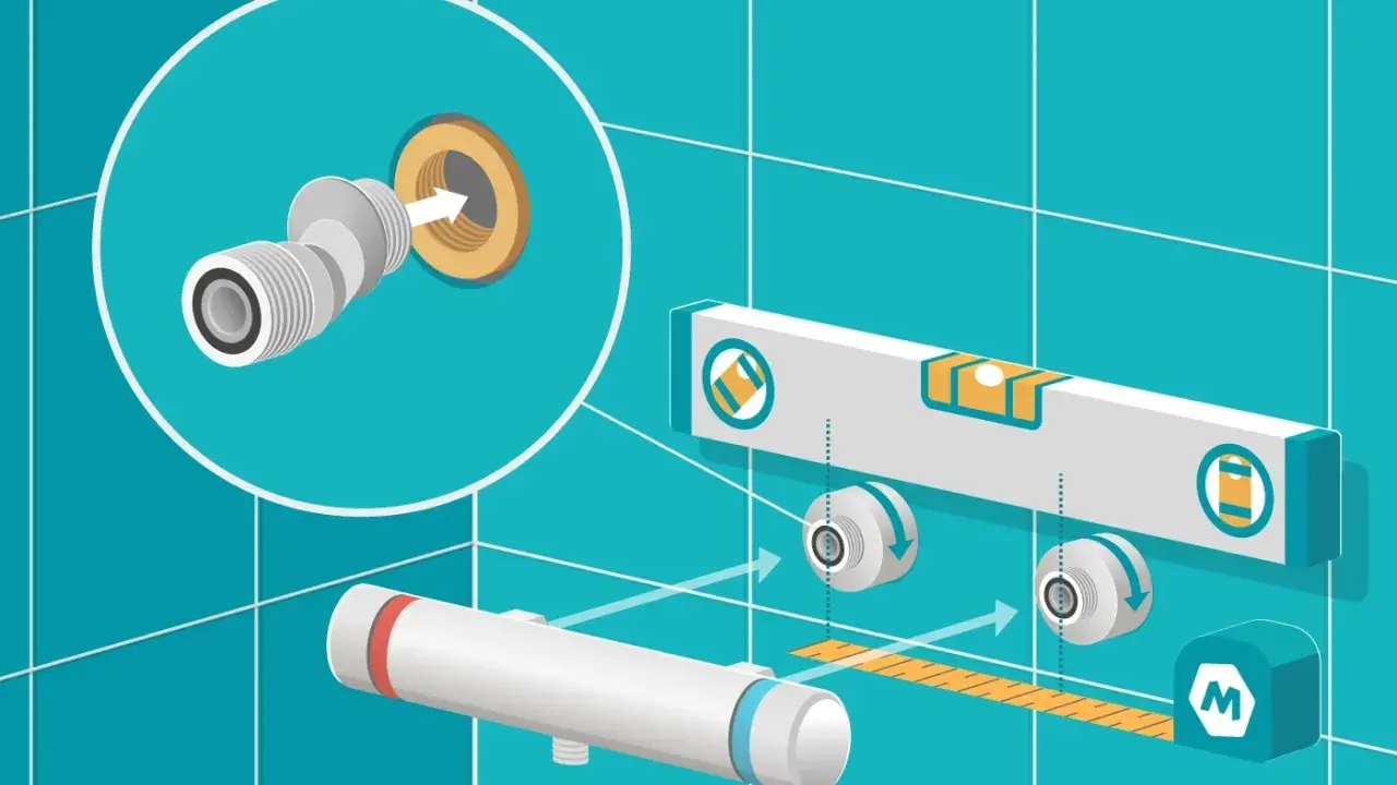 Schéma d'installation mitigeur thermostatique : raccordement, niveau à bulle et mètre pour un montage précis.