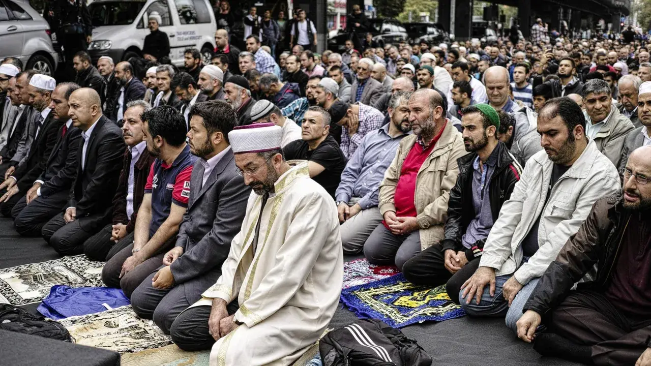 Männer in traditioneller Kleidung knien auf Gebetsteppichen. Ein Mann in einem weißen Gewand und Turban leitet das Gebet, ein Zeichen der berberischen Religion.
