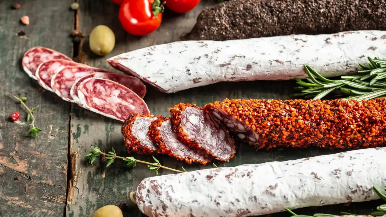 Assortiment de charcuteries, dont une spécialité des Pyrénées enrobée d'épices, sur fond de bois rustique avec tomates et herbes.