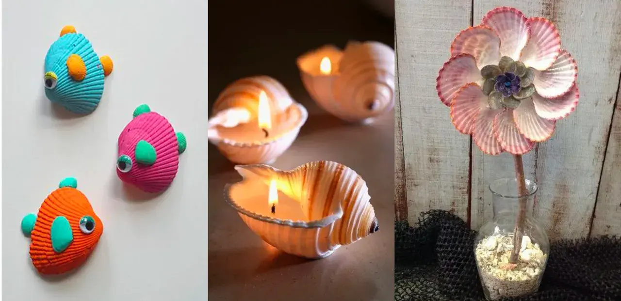 Idées créatives pour savoir que faire avec des coquillages ramassés sur la plage : poissons décoratifs, bougies, et une fleur en coquillages.