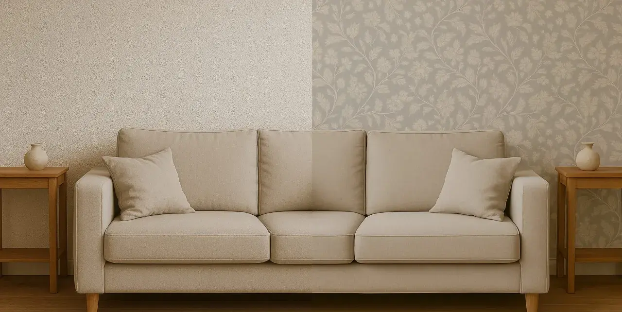Sofá beige frente a pared dividida: un lado con textura rugosa, el otro con papel pintado floral. Se puede poner papel pintado sobre gotelé.