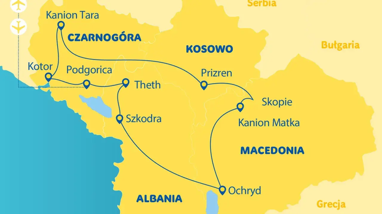 Mapa pokazuje trasę podróży przez Bałkany: Czarnogóra, Kosowo, Macedonia, Albania.