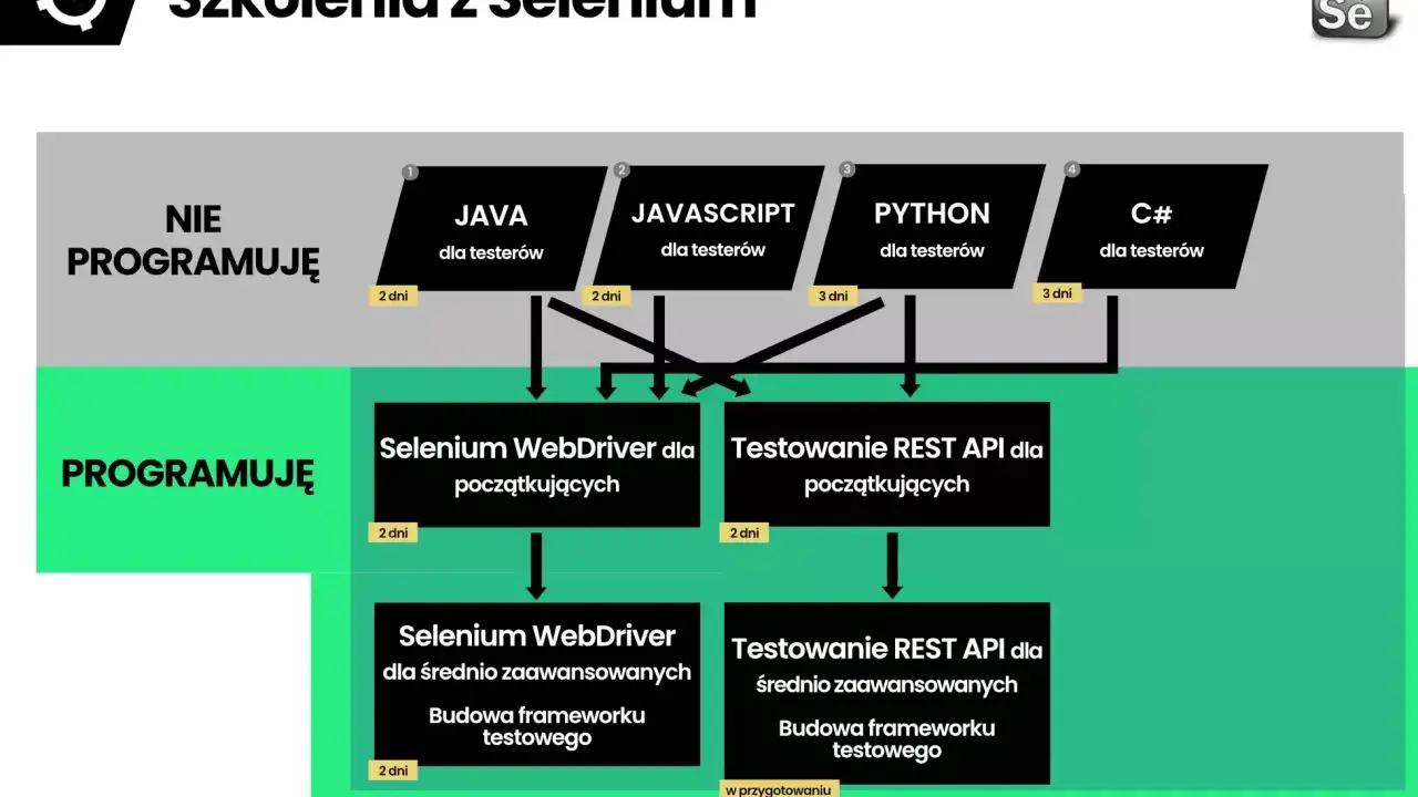 Schemat szkoleń z Selenium: kursy dla testerów nieprogramujących (Java, JS, Python, C#) i programujących (Selenium WebDriver, testowanie REST API).