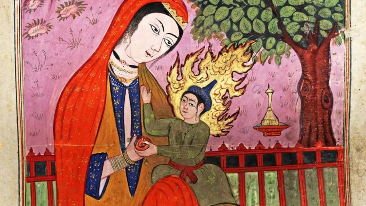 Eine Frau in Rot und Blau hält ein Kind, das von Flammen umgeben ist. Eine Szene aus der islamischen Geschichte, die Isa (Jesus) und seine Mutter Maria darstellt.