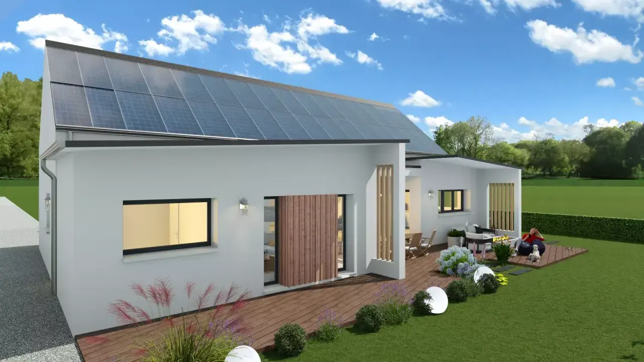 Une maison passive exemple avec panneaux solaires sur le toit, terrasse en bois et jardin verdoyant.