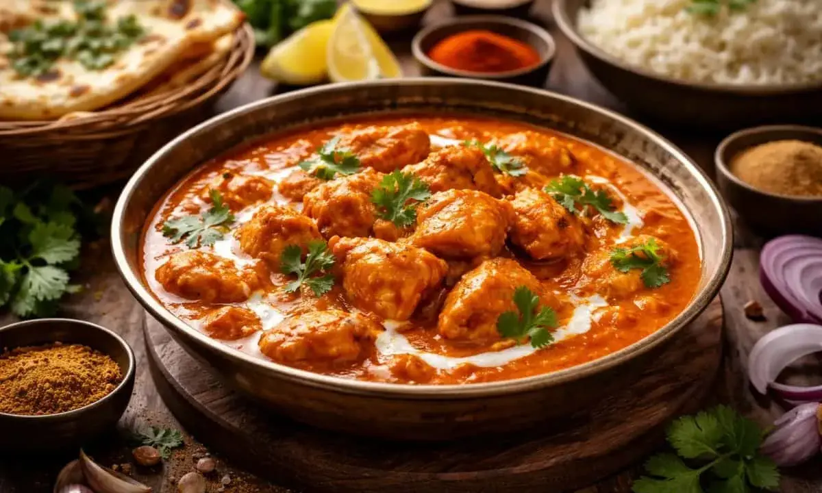 En skål med krämig butter chicken, garnerad med koriander. Bredvid syns naanbröd, ris och kryddor.