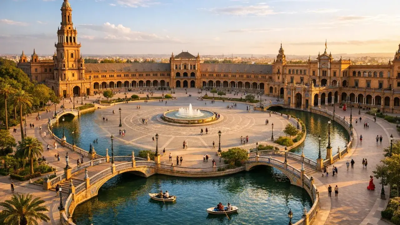 Zachód słońca nad Plaza de España w Sewilli. Ludzie pływają łódkami po kanale, a w tle widać wspaniałą architekturę. To piękne sevilla miasto.