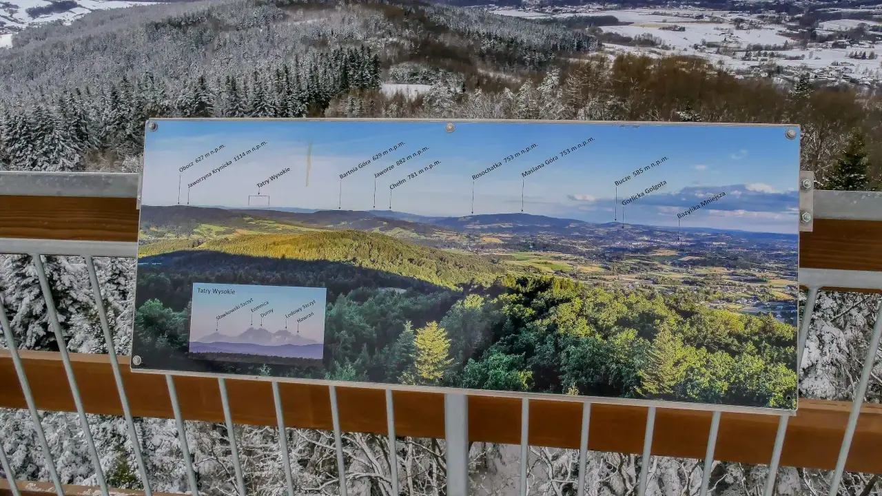 Widok z wieży widokowej na ośnieżony las i panoramę gór z tablicą informacyjną.