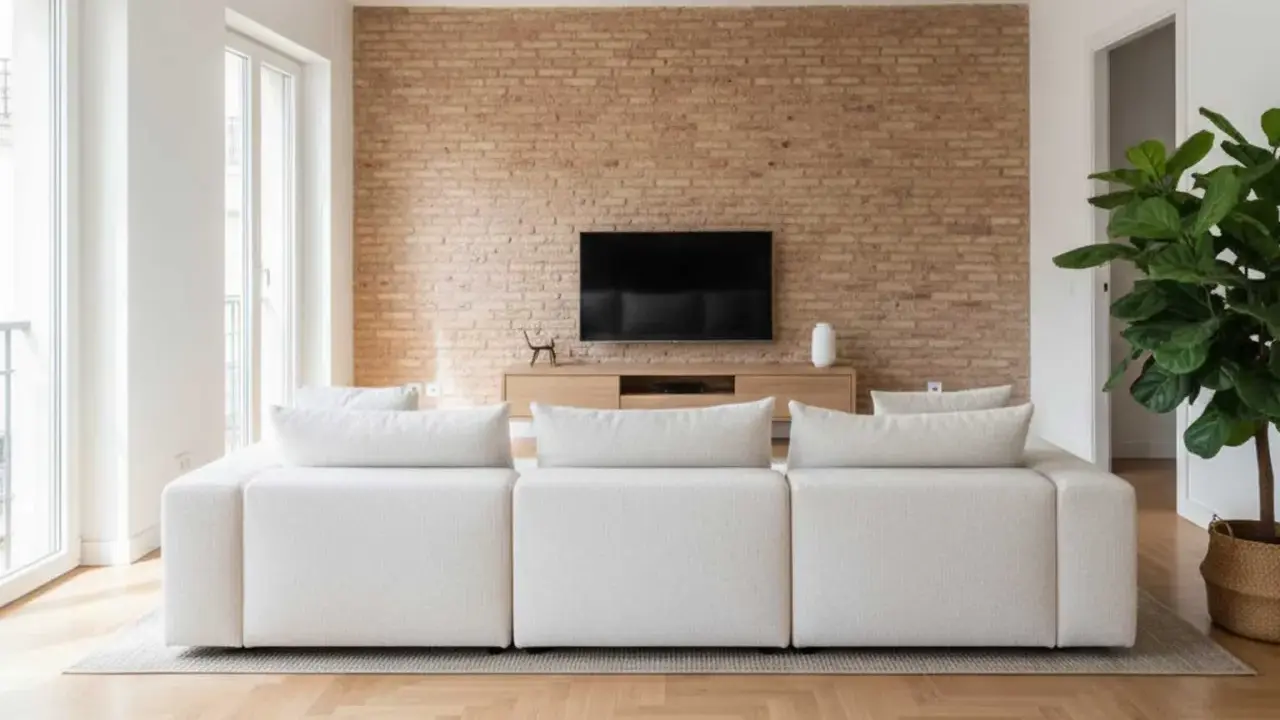 Sofá blanco modular frente a pared de ladrillo y mueble de TV. La **dirección de obra** supervisó este moderno y acogedor salón.