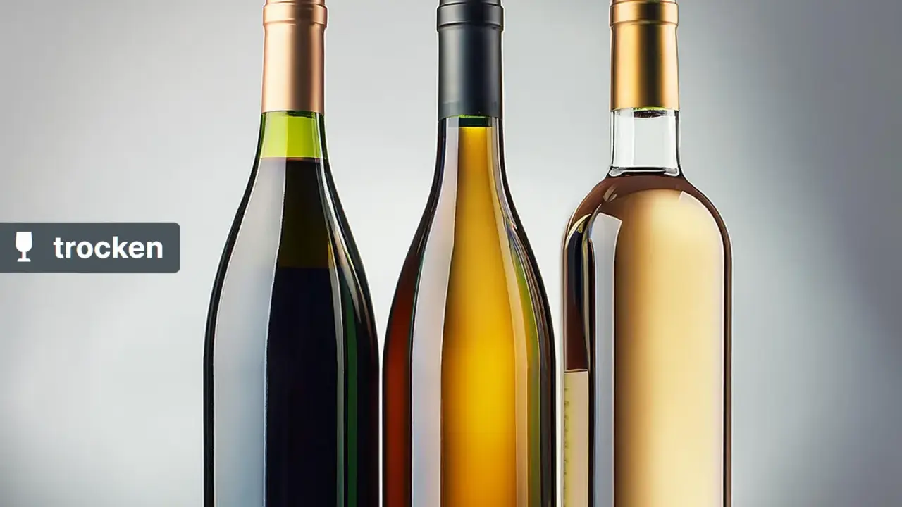 Drei Flaschen Wein: eine dunkle, eine goldene und eine hellgelbe. Alle sind trocken und bereit zum Genuss.