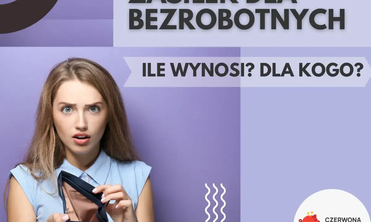 Zaskoczona kobieta pokazuje pusty portfel, zastanawiając się nad wysokością zasiłku dla bezrobotnych, czyli kuroniówki.
