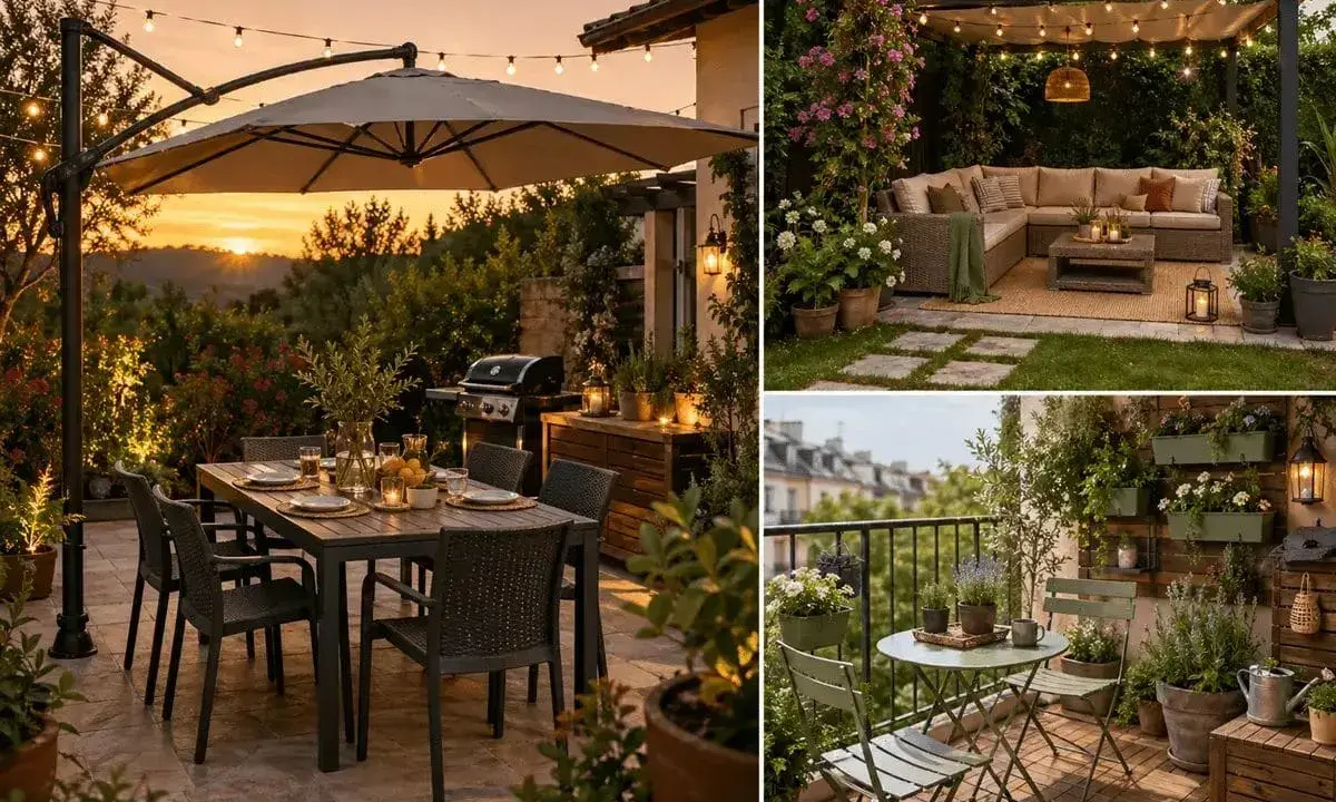 Splendidi giardini moderni con aree relax, tavoli da pranzo all'aperto e balconi fioriti, perfetti per godersi la vita all'aria aperta.