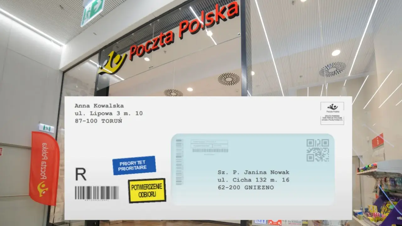 Poprawnie zaadresowana koperta z danymi Anny Kowalskiej i Janiny Nowak, z naklejkami "PRIORYTET" i "POTWIERDZENIE ODBIORU".