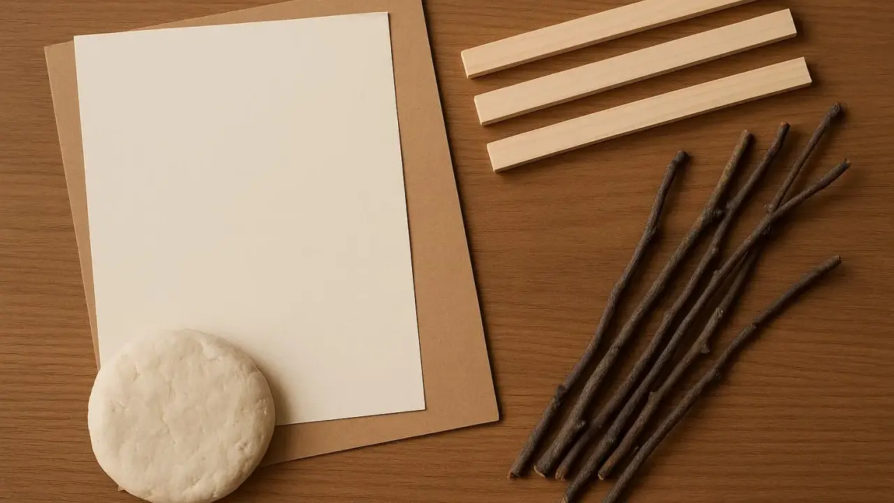 Materiały do zrobienia ramki z kartonu: papier, patyczki, glina.