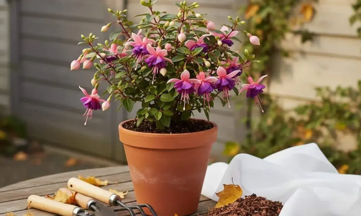 Un fuchsia aux fleurs roses et violettes, en pot sur une table en bois. Peut-on garder un fuchsia à l'intérieur ? Oui, avec soin.
