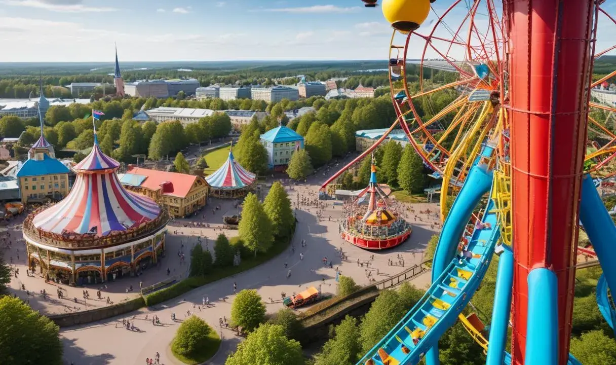 En livlig vy över Liseberg park med karuseller, pariserhjul och berg-och-dalbana. Soligt och grönt.