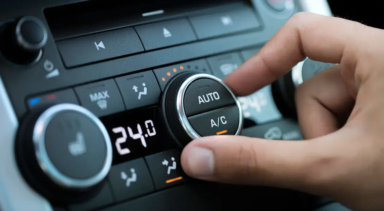 Dedo ajustando el dial del aire acondicionado del coche para comprobar el compresor. Se ve la pantalla digital con 24.0 grados.