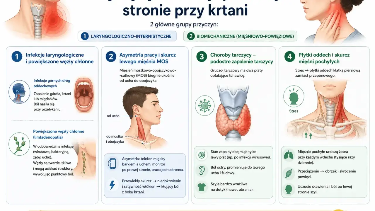 Ilustracja przedstawia anatomię szyi i krtani z zaznaczonymi obszarami bólu, a także grafiki wyjaśniające przyczyny dolegliwości.