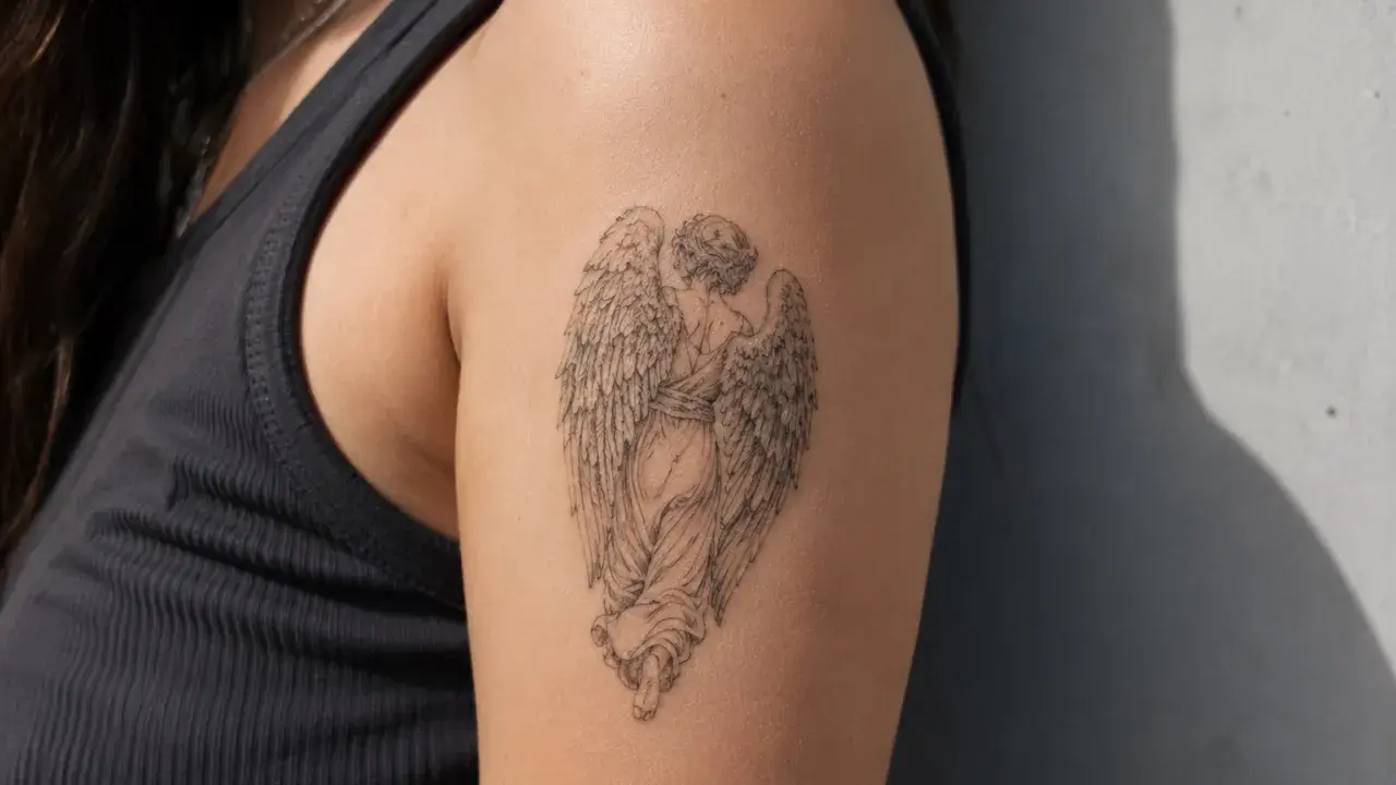 Tatouage d'ange aux ailes déployées, évoquant la protection et la spiritualité. L'auréole ange signification est ici représentée par la grâce de l'œuvre.