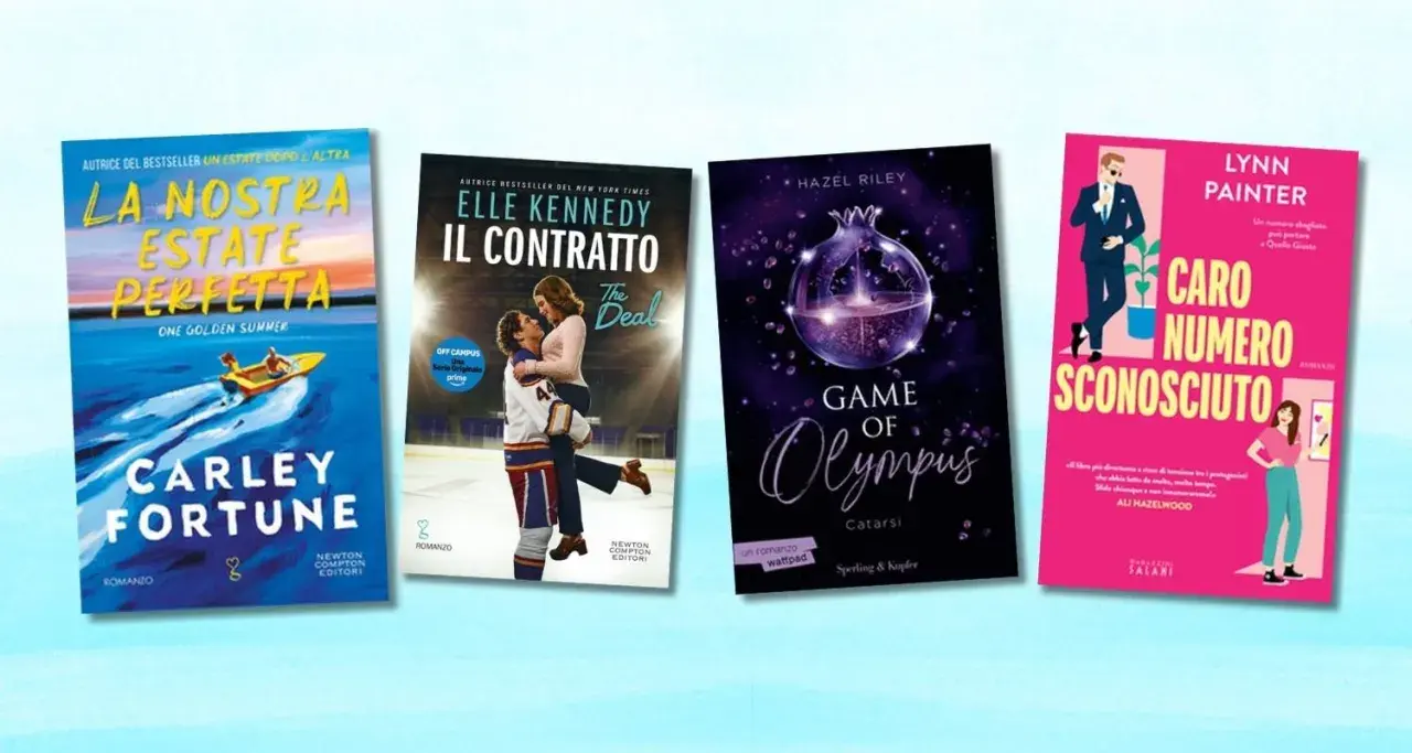 Quattro copertine di libri di narrativa: "La nostra estate perfetta", "Il contratto", "Game of Olympus" e "Caro numero sconosciuto".