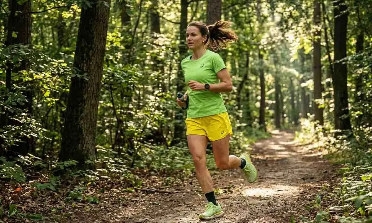 Frau joggt durch einen sonnendurchfluteten Wald. Sie trägt ein grünes Shirt und gelbe Shorts. Das zeigt, was bringt joggen: Natur, Bewegung und Wohlbefinden.