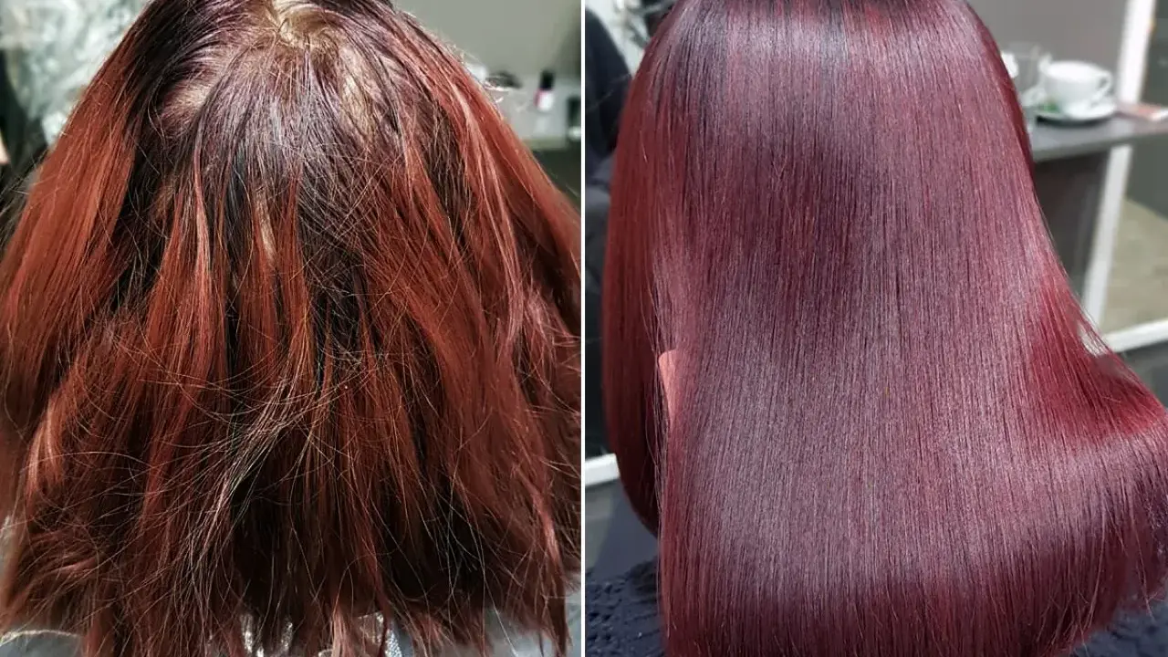 Vorher/Nachher-Vergleich: Trockenes, rotes Haar wird durch einen speziellen frisör shampoo in glänzendes, tiefrotes Haar verwandelt.
