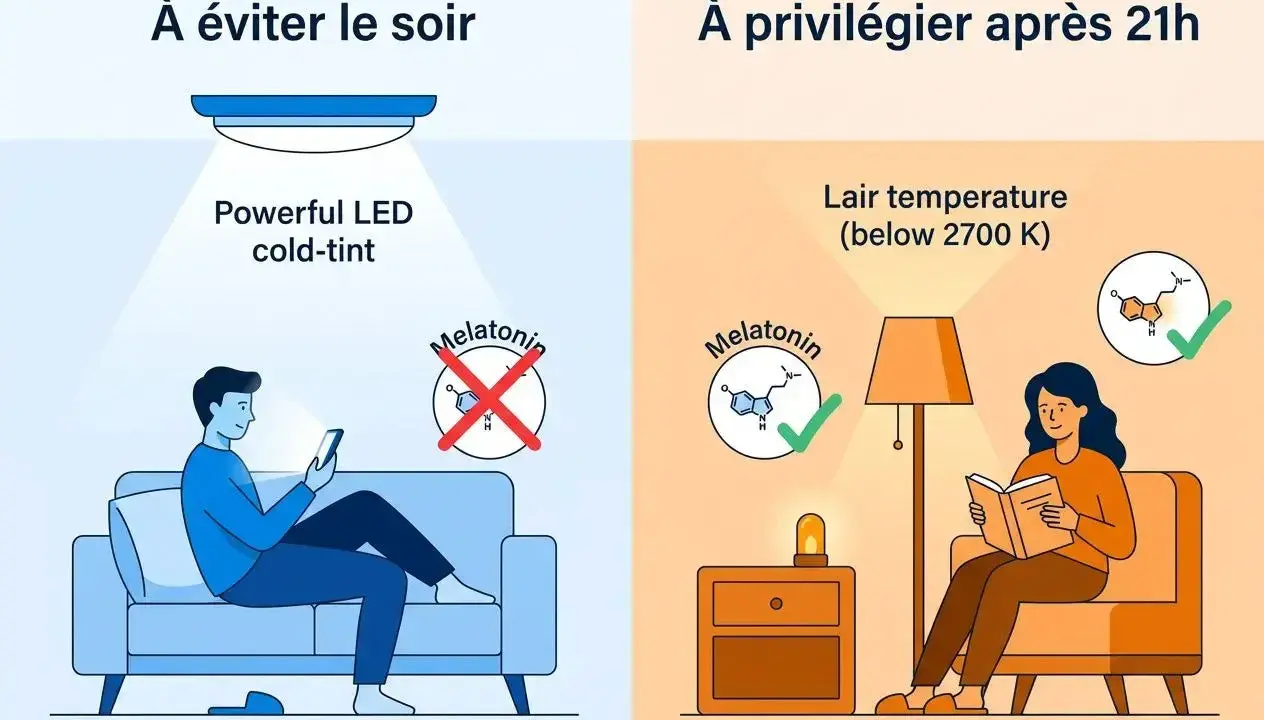 Évitez la lumière bleue froide le soir, car elle nuit à la mélatonine. Privilégiez une lumière chaude (sous 2700 K) après 21h pour ses bienfaits sur le sommeil.