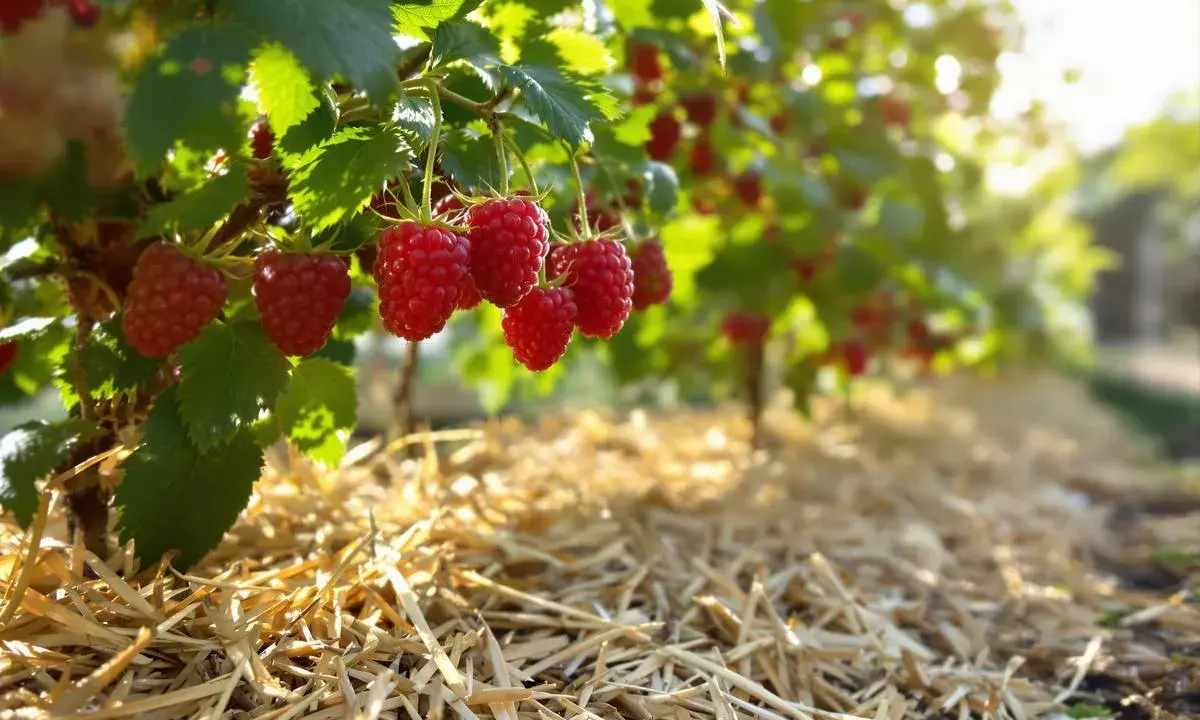Des framboises mûres pendent sur des branches vertes, au-dessus d'un paillis de paille. Le paillis est idéal pour savoir que mettre au pied des framboisiers.