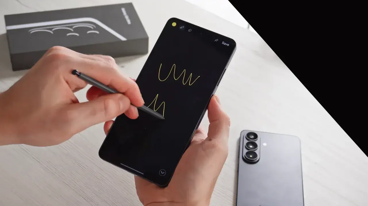 Rysowanie na ekranie nowego Samsunga Galaxy S26 za pomocą rysika. Obok leży drugi telefon.