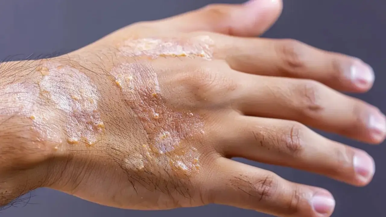 Main d'une personne atteinte de psoriasis, montrant des plaques rouges et squameuses. Une solution à base d'huile essentielle pourrait aider à soulager ces symptômes.