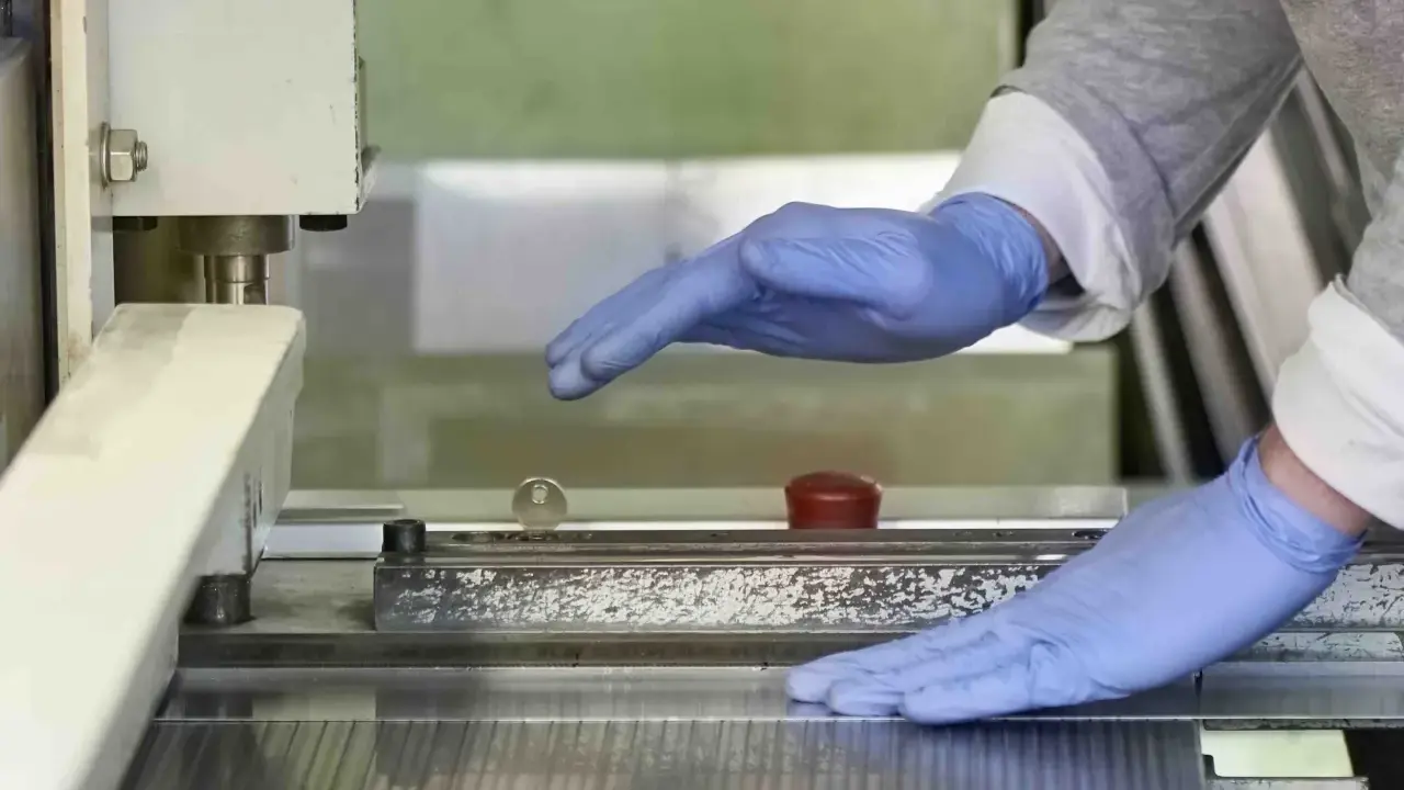 Manos enguantadas operan una máquina que parece ser una cizalla, lista para cortar material.