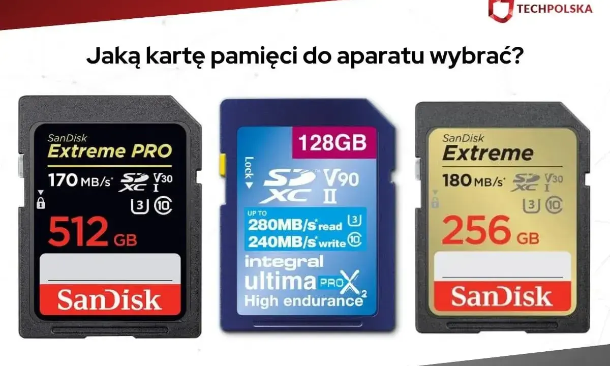 Trzy karty pamięci SanDisk: 512 GB Extreme PRO, 128 GB Integral Ultima ProX2 i 256 GB Extreme. Wybierz odpowiednią kartę flash do swojego aparatu.